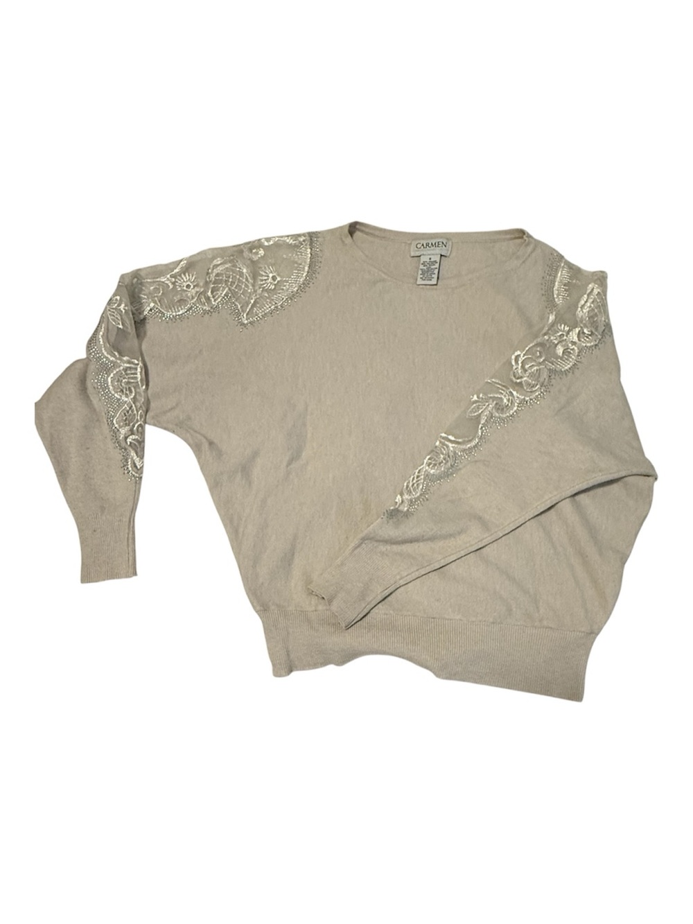 Carmen Marc Valvo Beige Embellished Lace Sweater Size S Rhinestone Accent